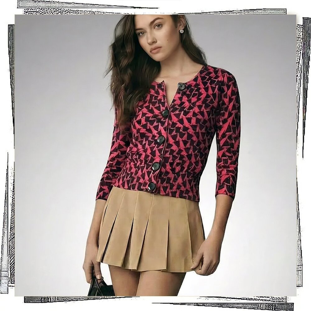 Vintage 2005 Pink & Black Dutch Tulip Inspired 3/4 Sleeve Fitted Cardigan (XS)